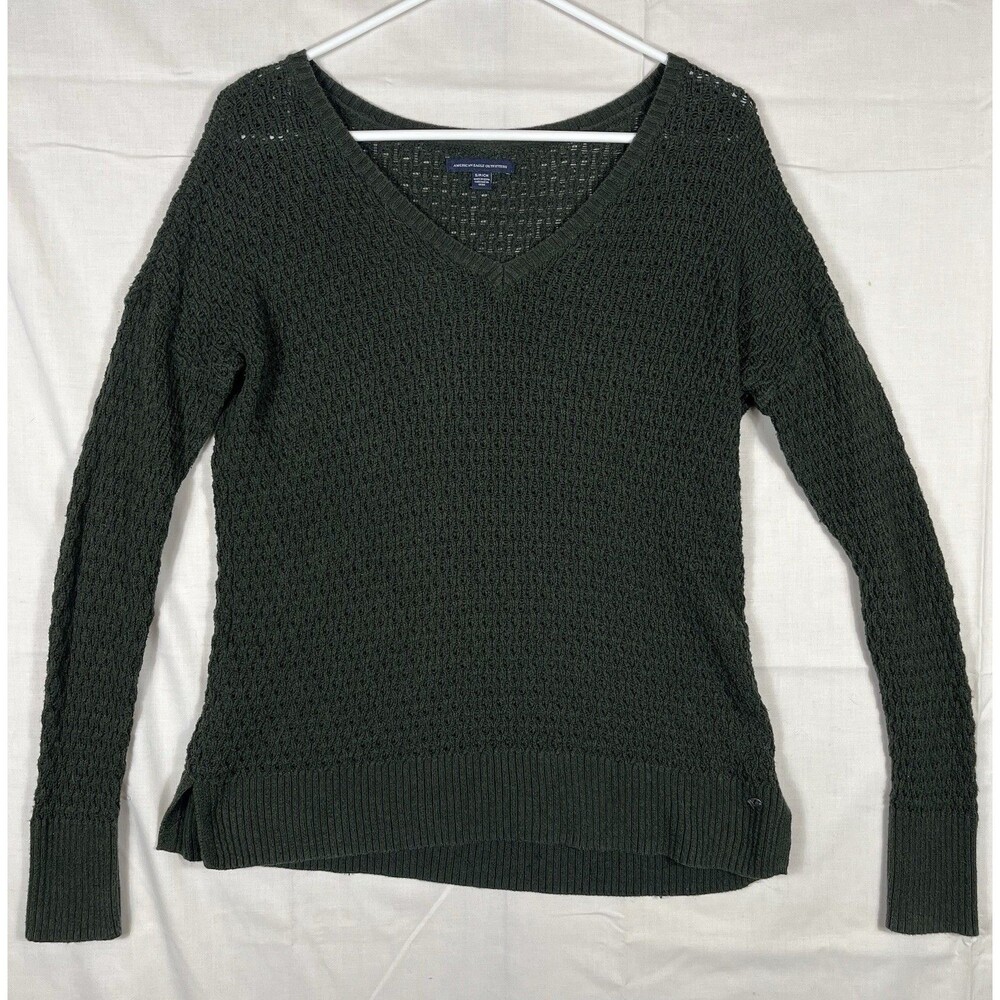 American Eagle V Neck Open Knit L/S Pullover Sweater Dark Green Women’s Small
